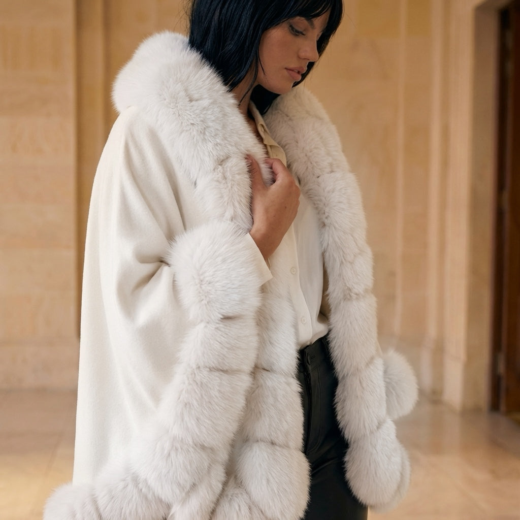 WHITE Cashmere Capelet With Fox Trim
