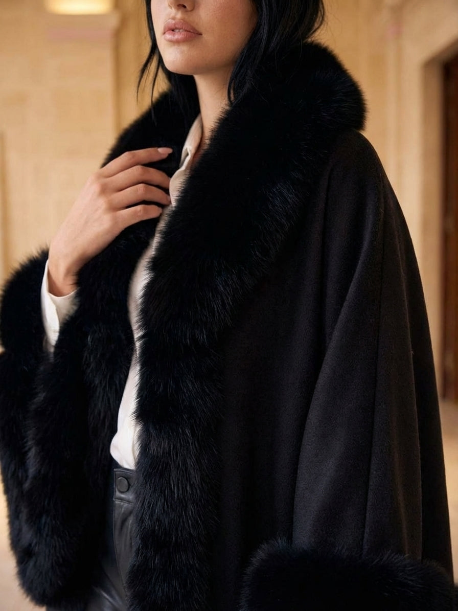 BLACK Cashmere Capelet With Fox Trim