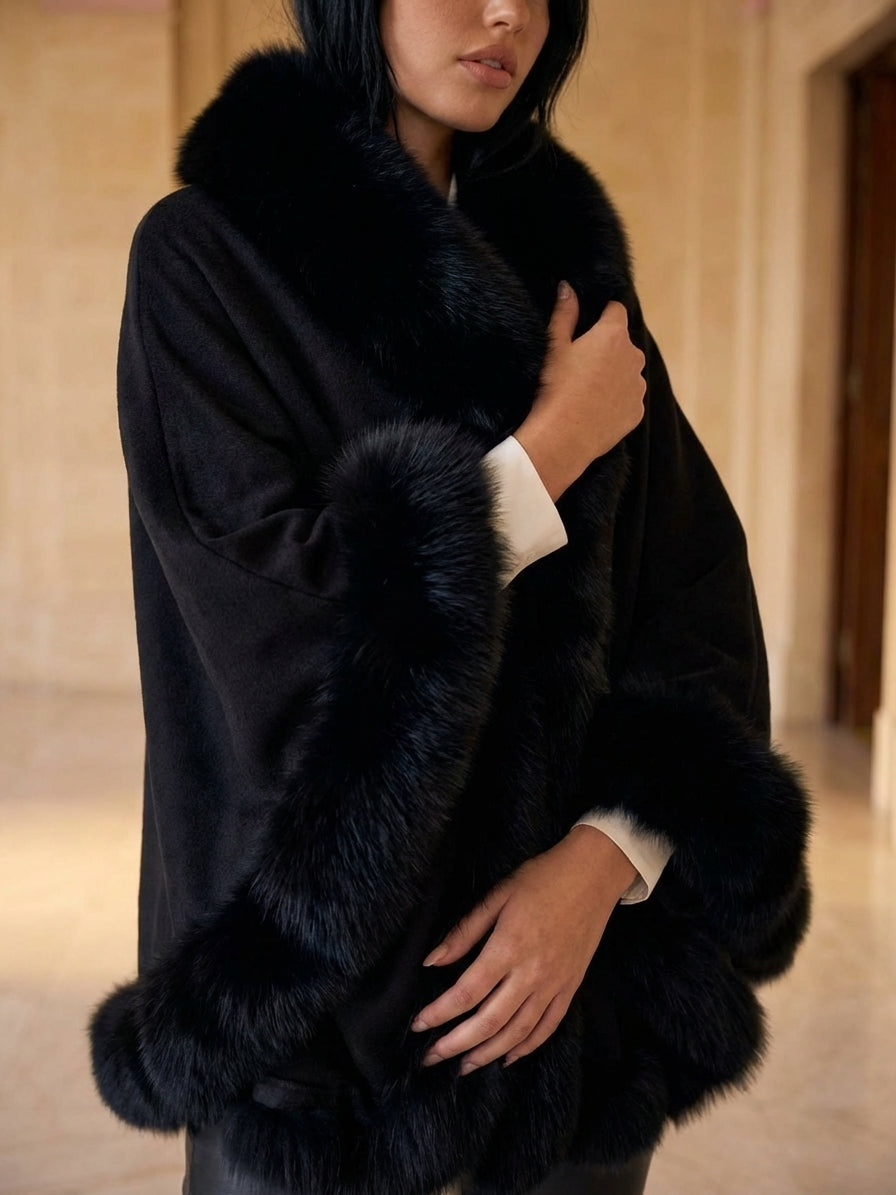 BLACK Cashmere Capelet With Fox Trim