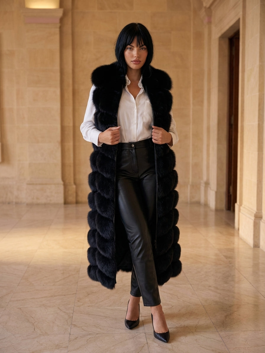 BLACK Long Vest Fox Fur