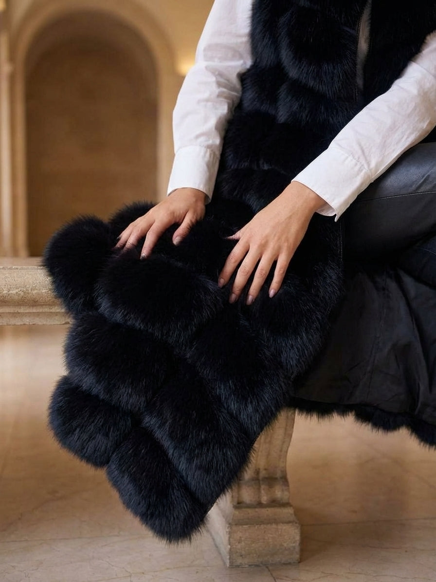 BLACK Long Vest Fox Fur