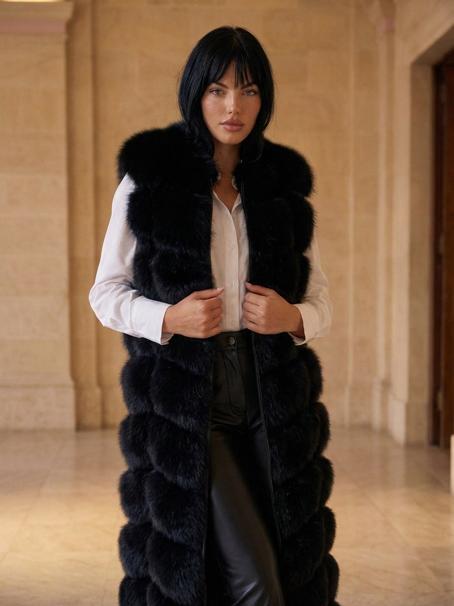 BLACK Long Vest Fox Fur