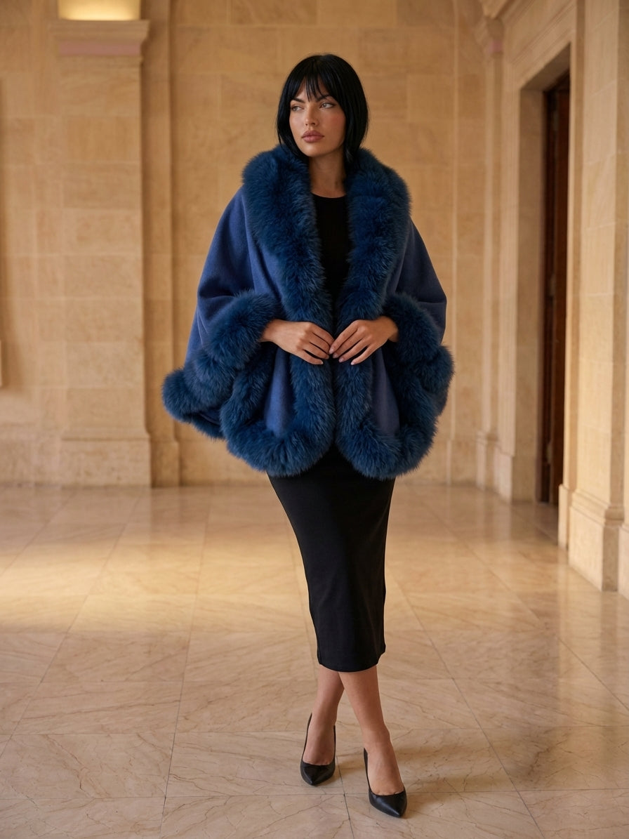 BLUE Cashmere Capelet With Fox Trim