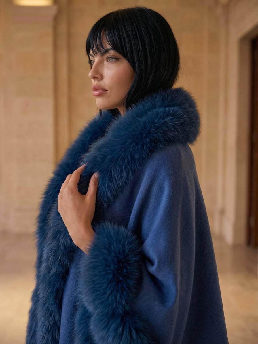 BLUE Cashmere Capelet With Fox Trim