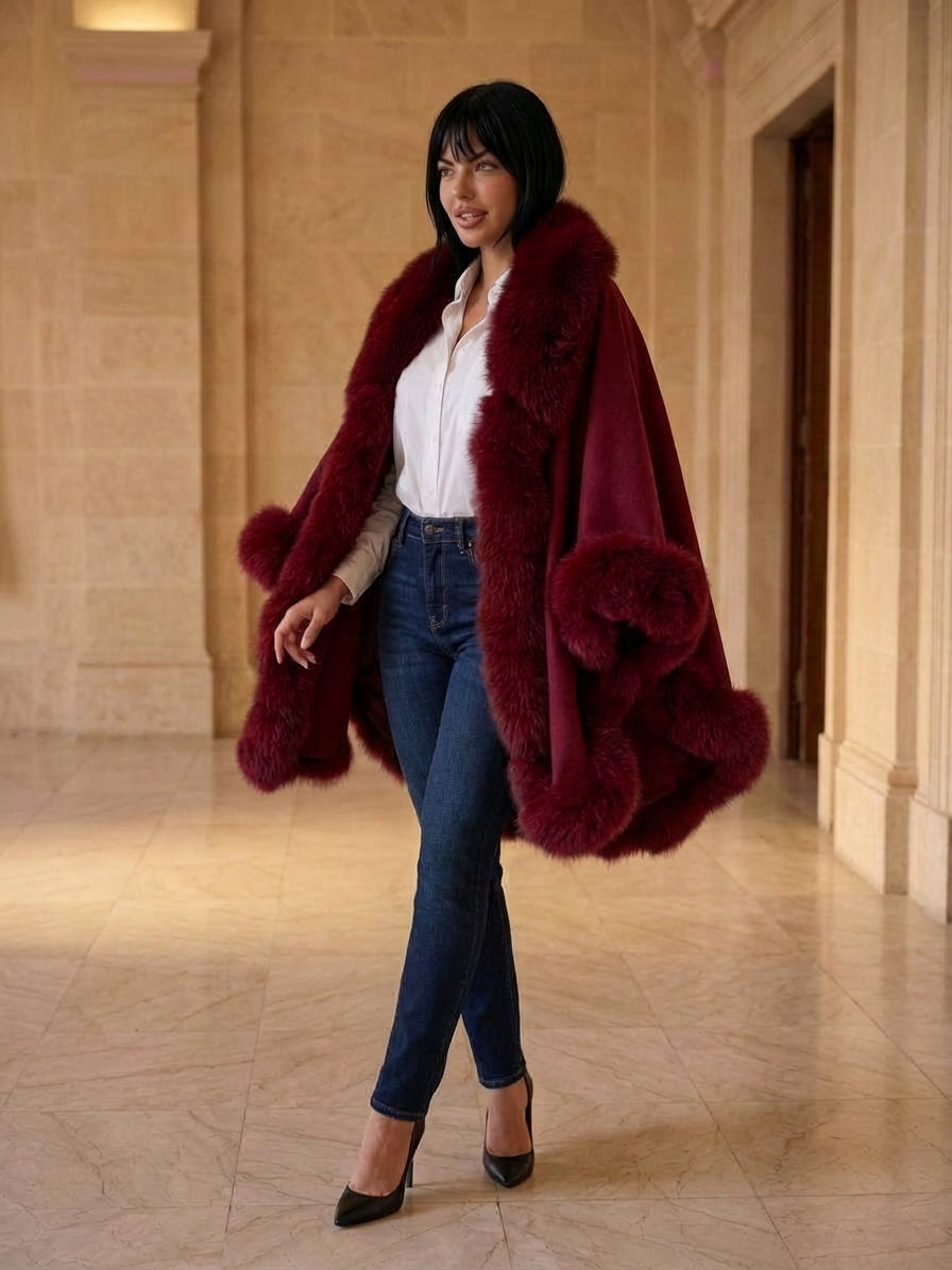 BURGUNDY Cashmere Capelet With Fox Trim