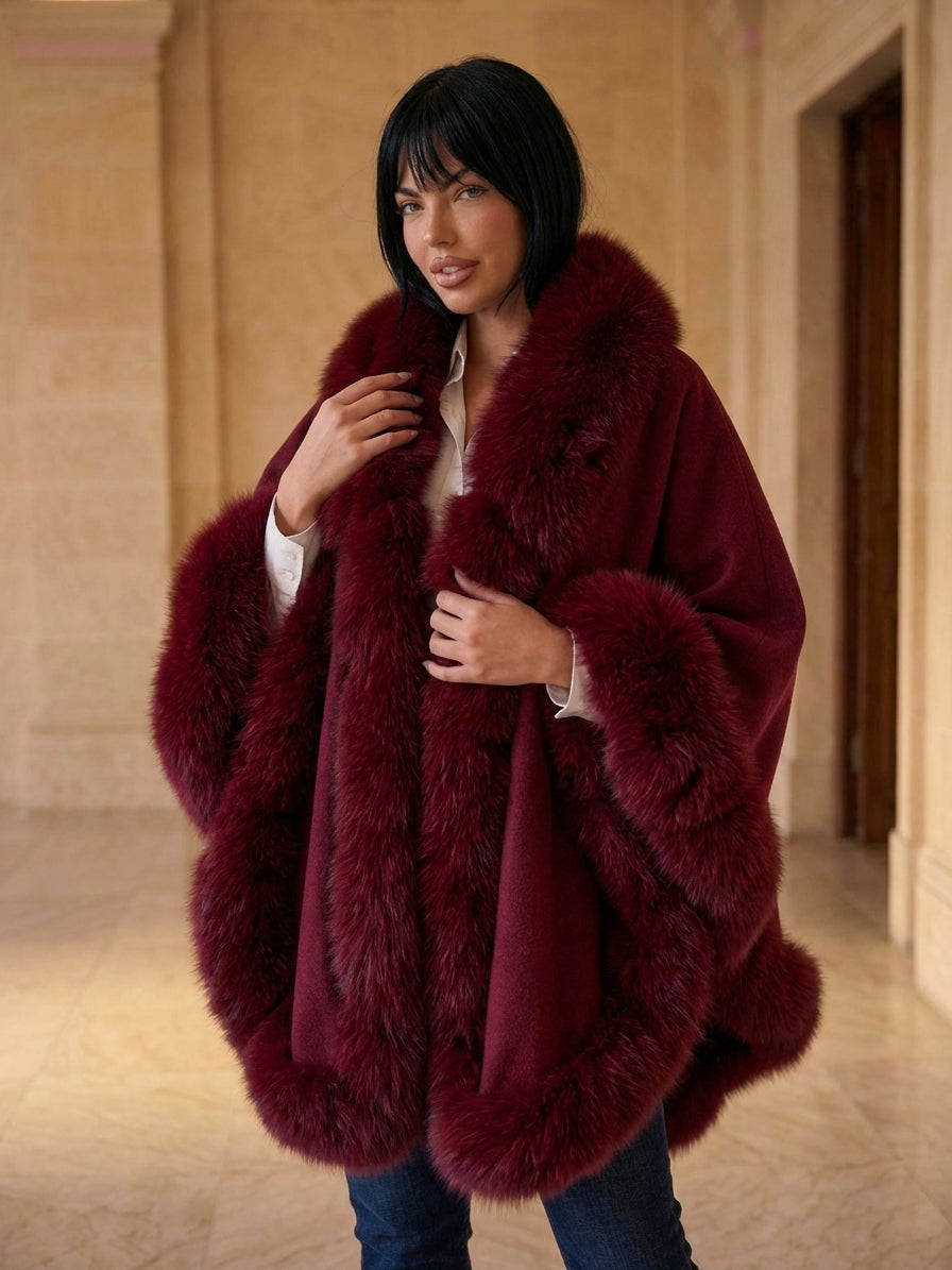 BURGUNDY Cashmere Capelet With Fox Trim