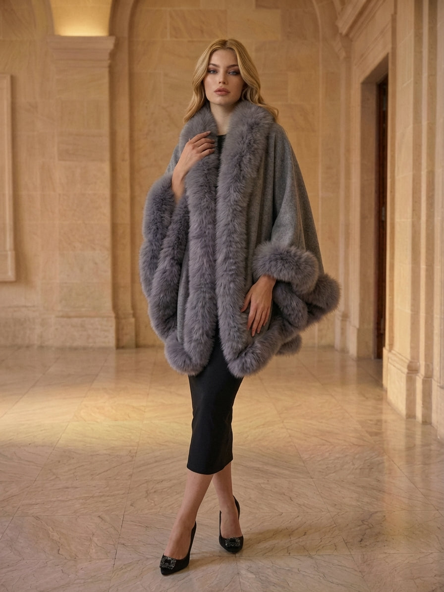 GREY Cashmere Capelet With Fox Trim