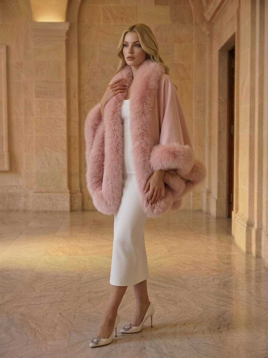 PALE PINK Cashmere Capelet With Fox Trim