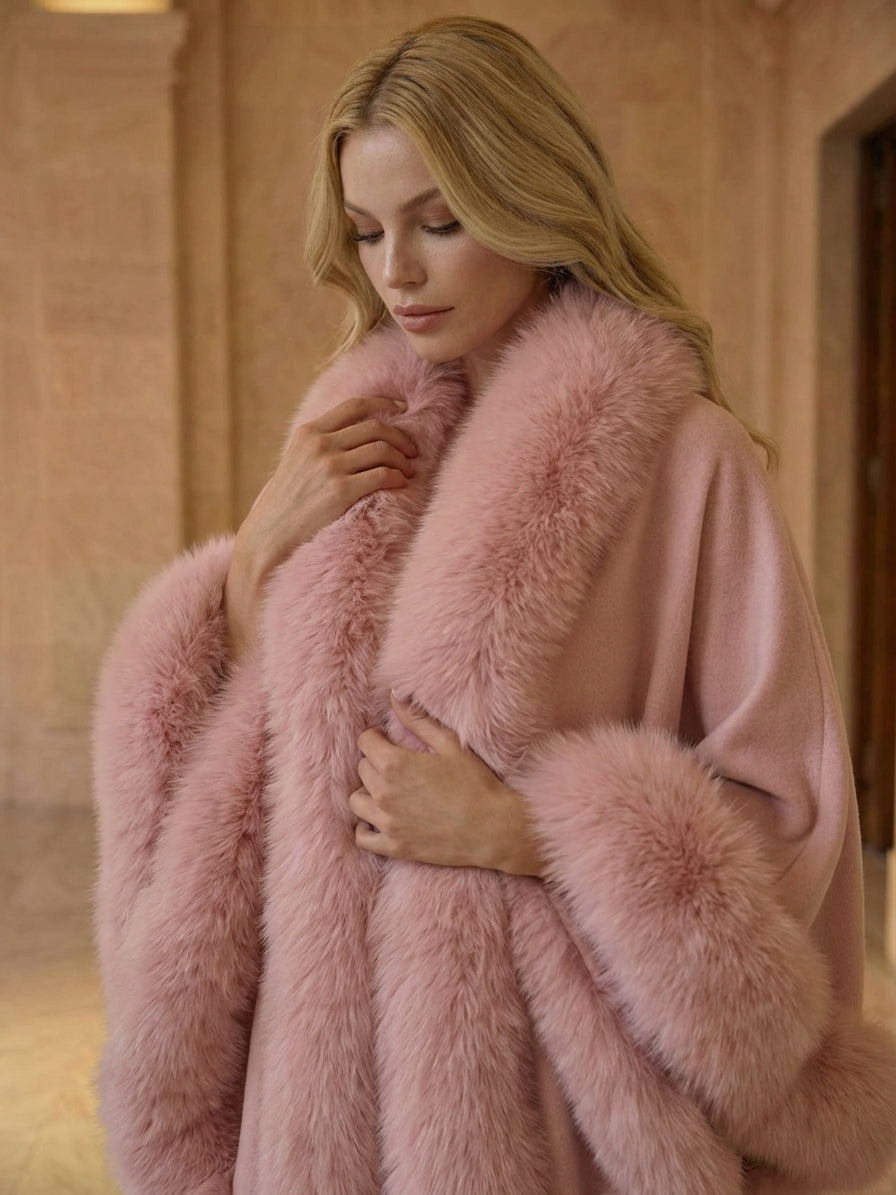 PALE PINK Cashmere Capelet With Fox Trim