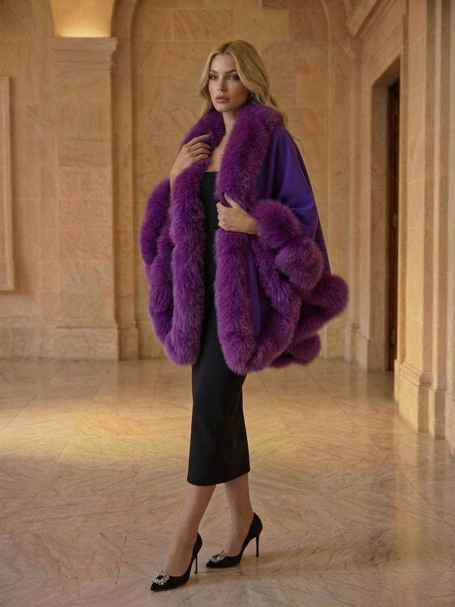 PURPLE Cashmere Capelet With Fox Trim