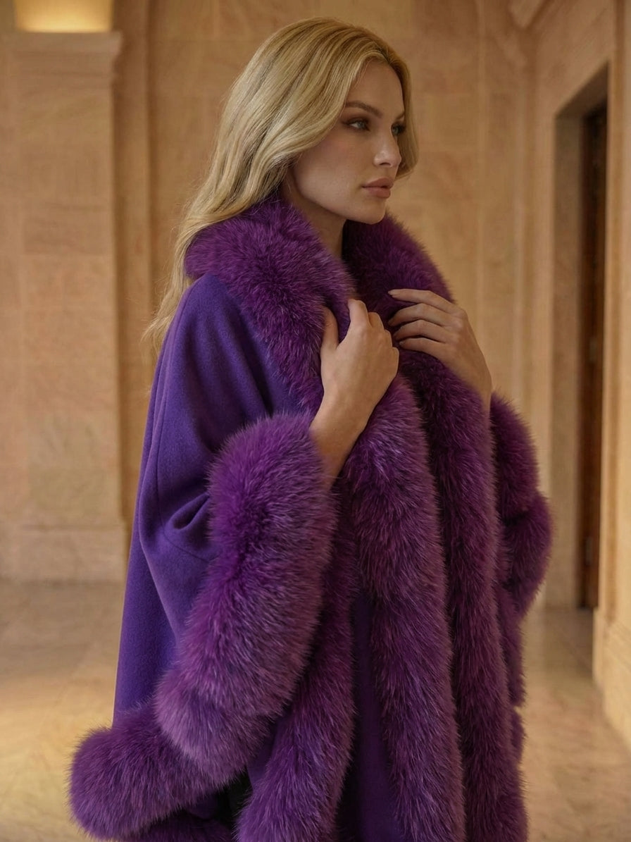 PURPLE Cashmere Capelet With Fox Trim