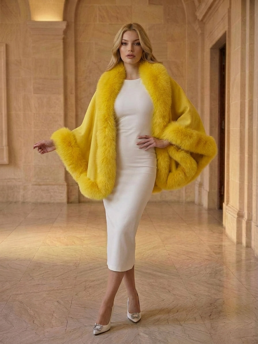 YELLOW Cashmere Capelet With Fox Trim