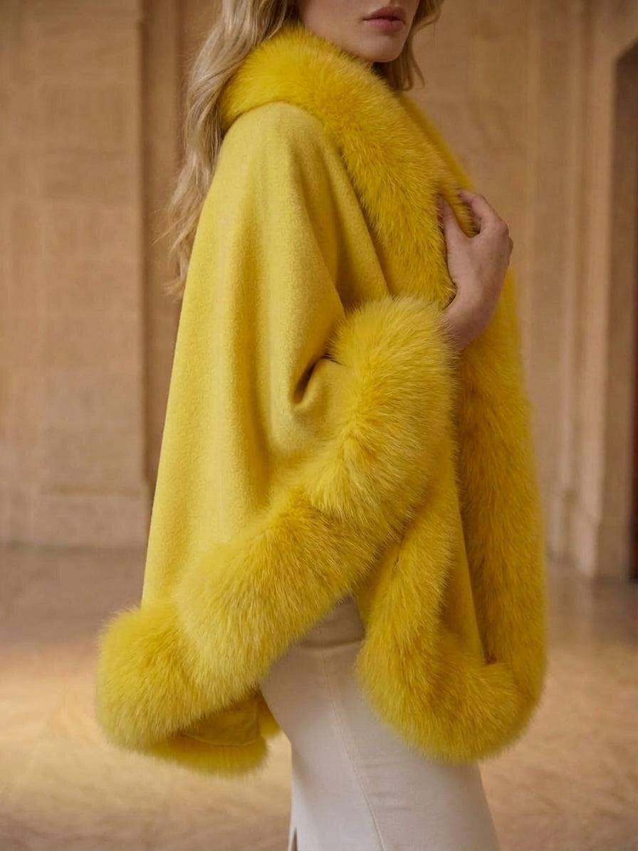 YELLOW Cashmere Capelet With Fox Trim