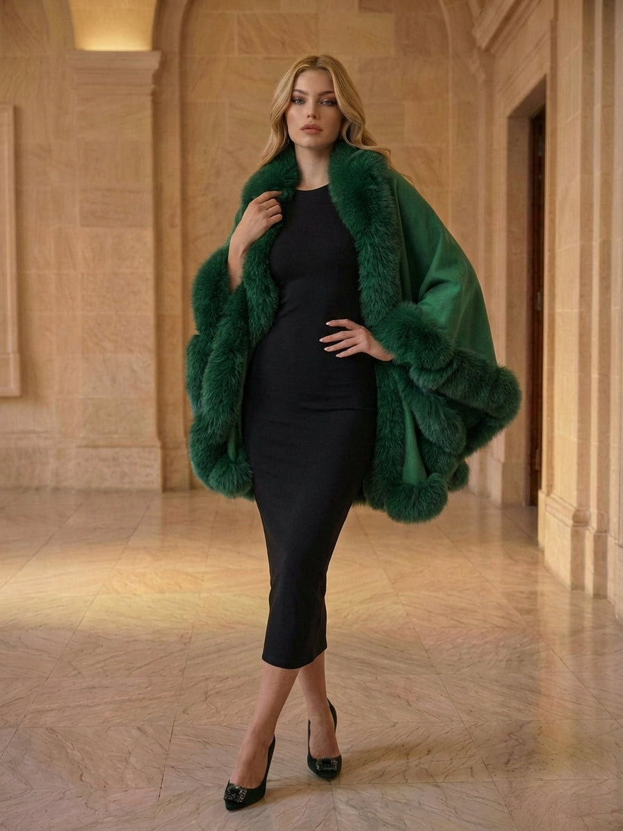 GREEN Cashmere Capelet With Fox Trim