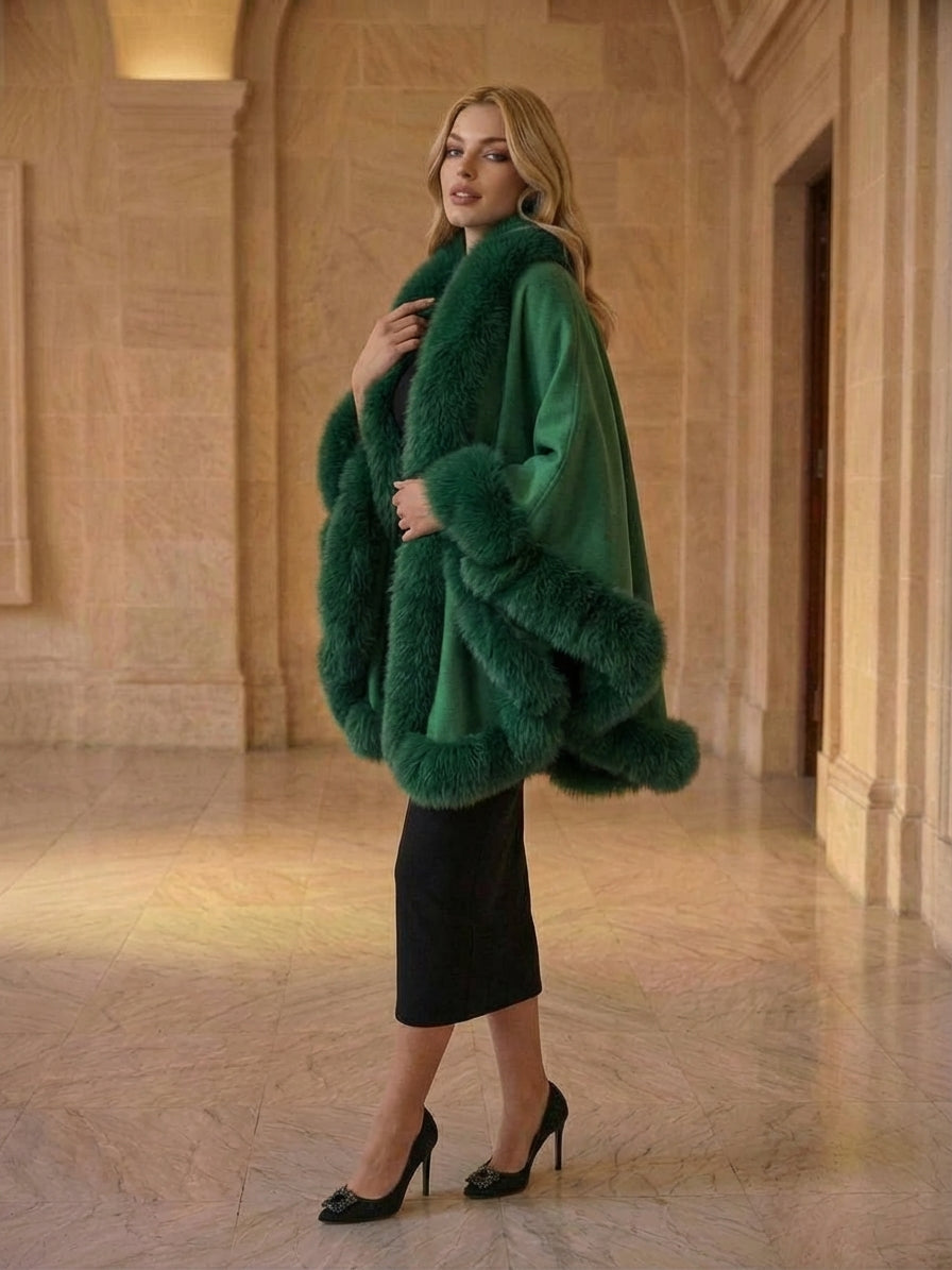 GREEN Cashmere Capelet With Fox Trim