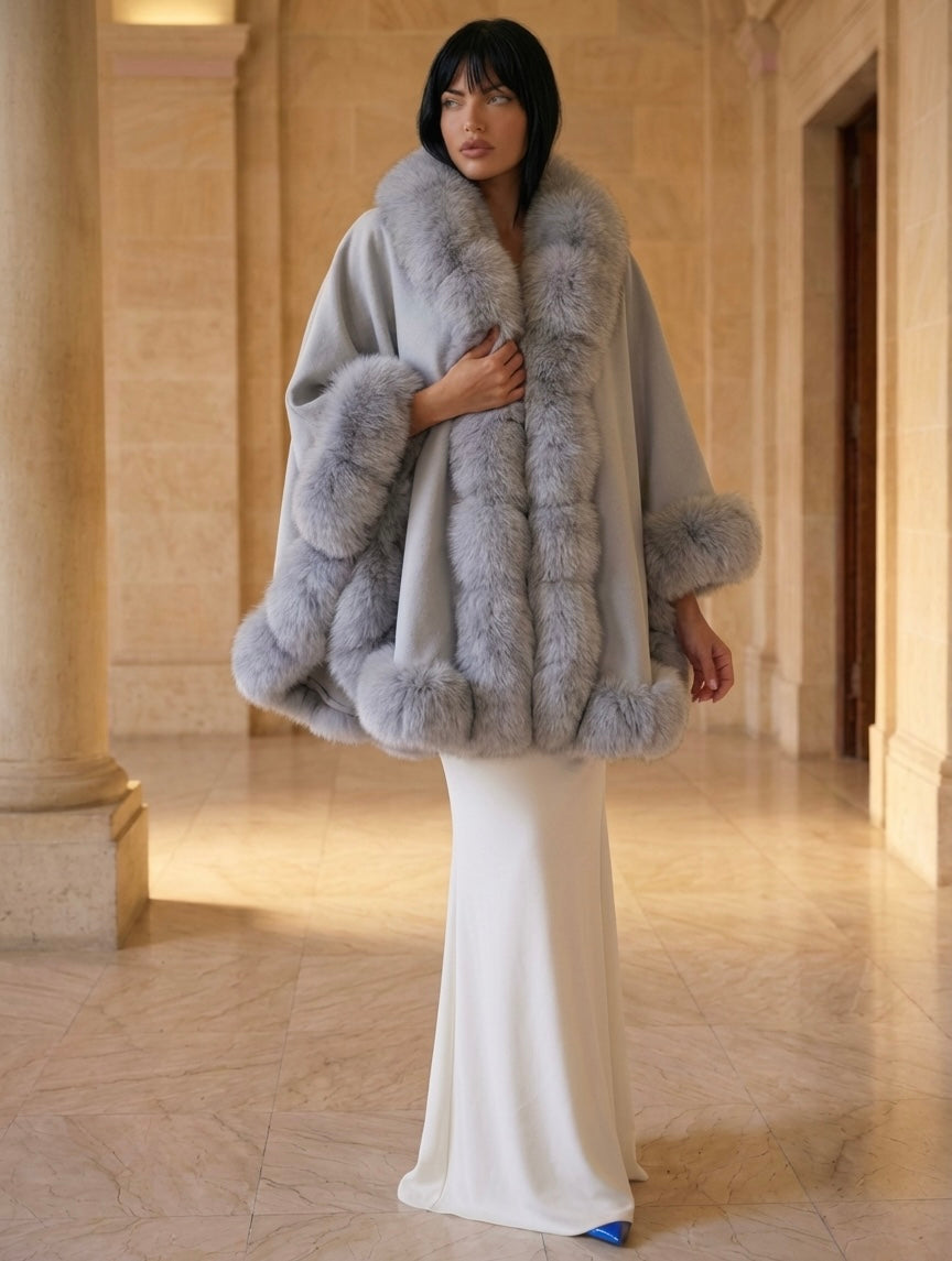 LIGHT BLUE Cashmere Capelet With Fox Trim