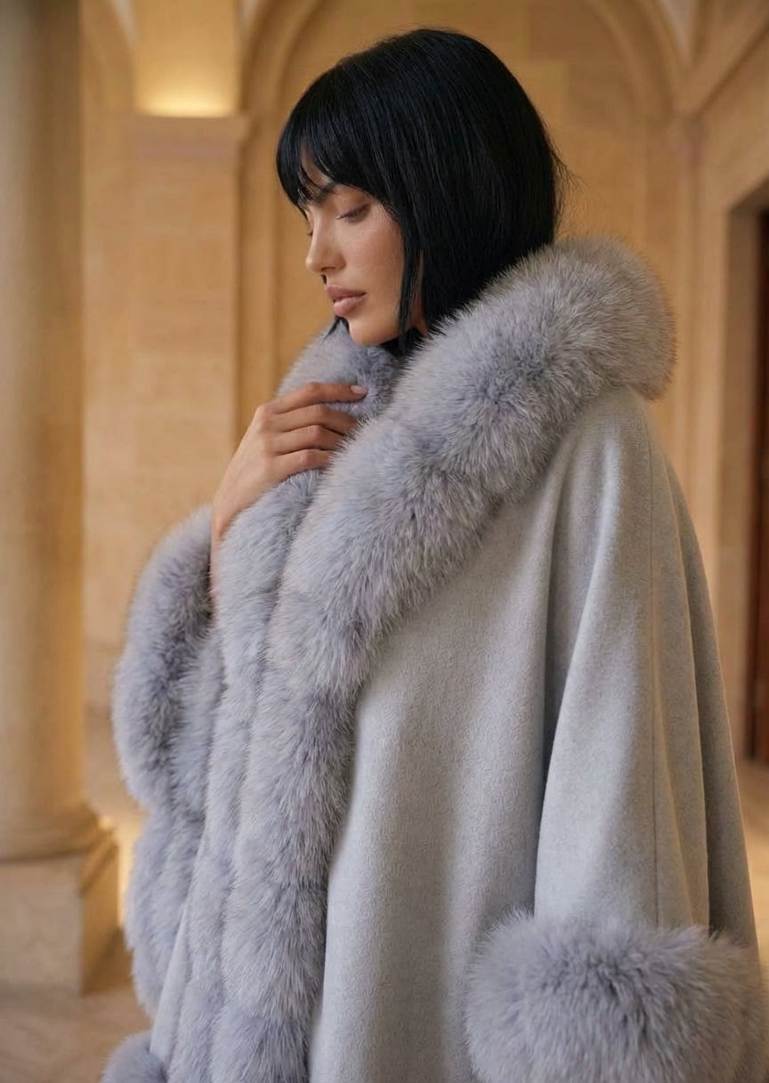 LIGHT BLUE Cashmere Capelet With Fox Trim