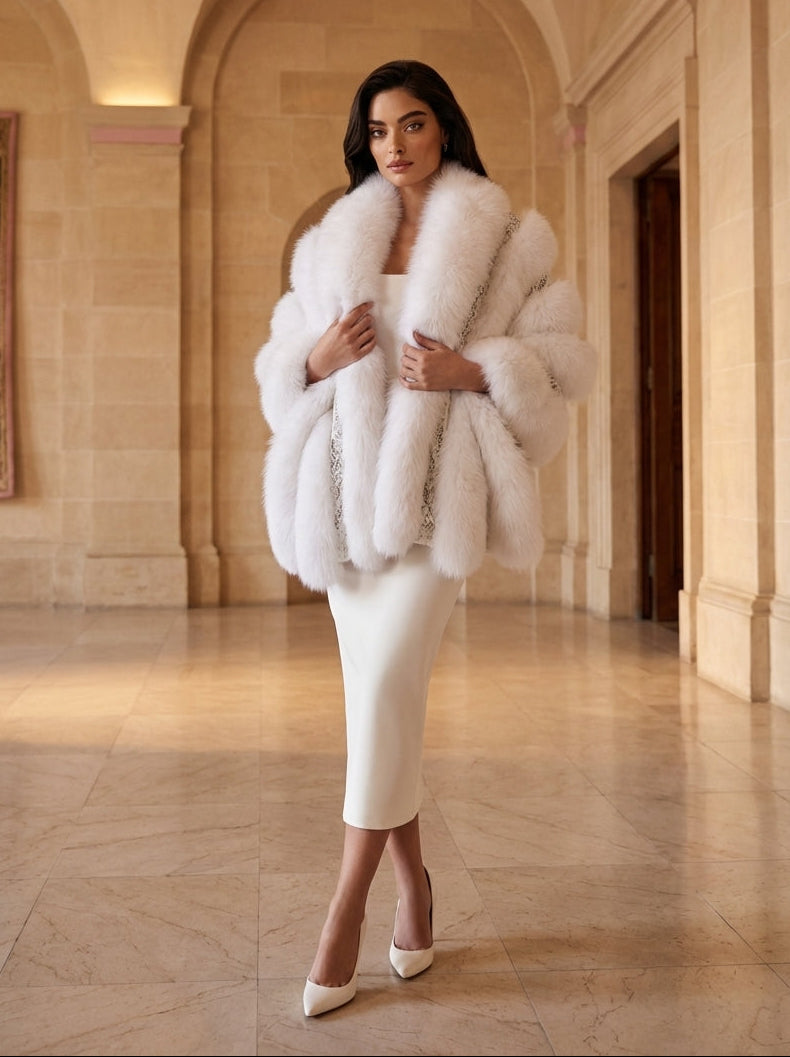 WHITE Lace Capelet With Fox Trim