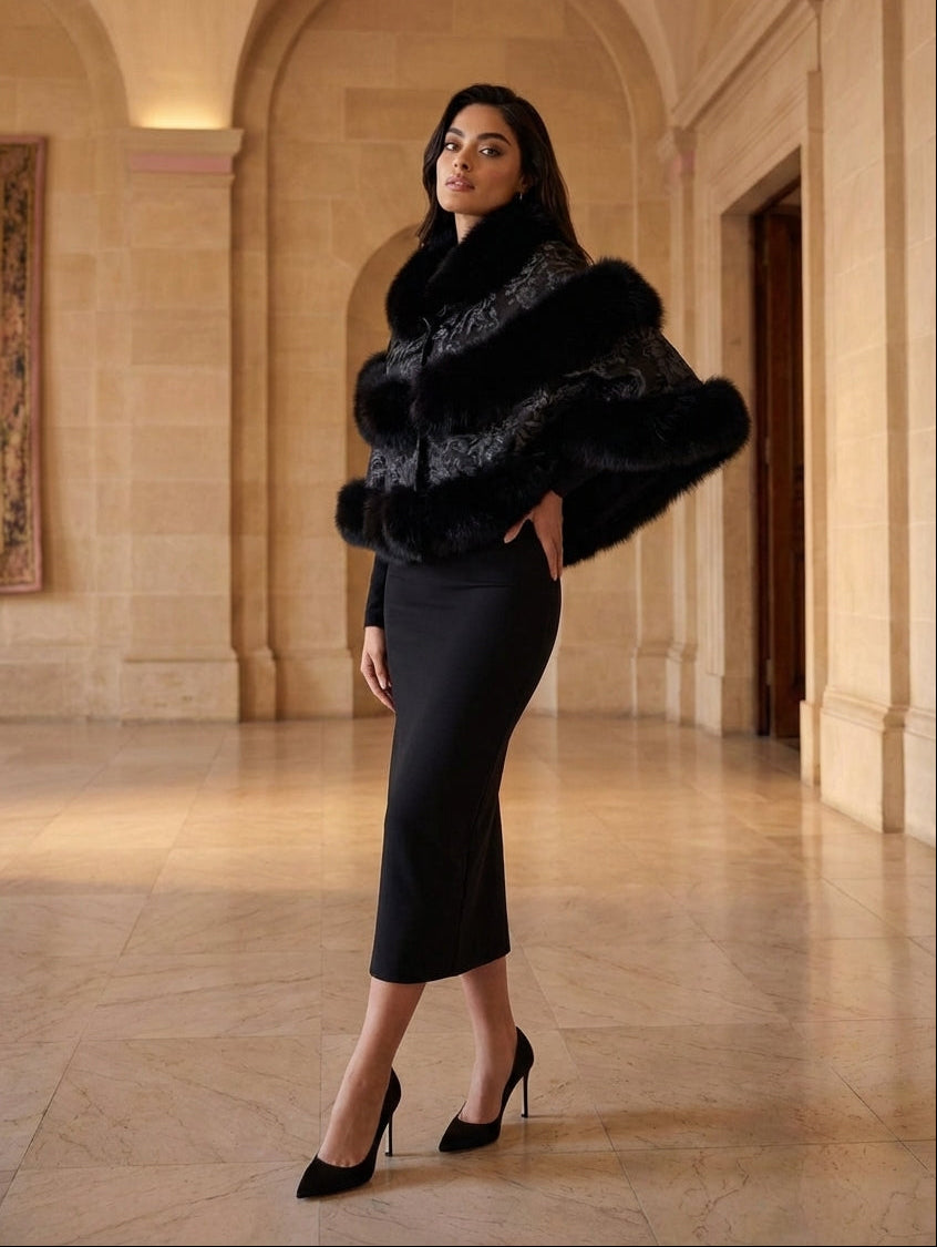 BLACK Lace Capelet With Fox Trim