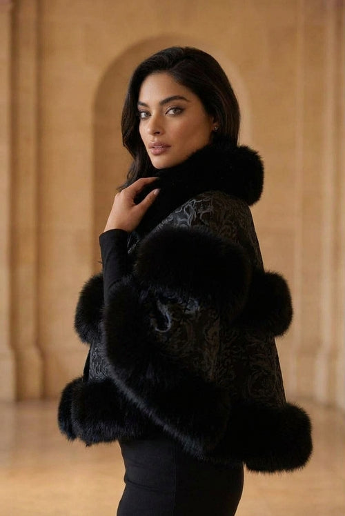 BLACK Lace Capelet With Fox Trim