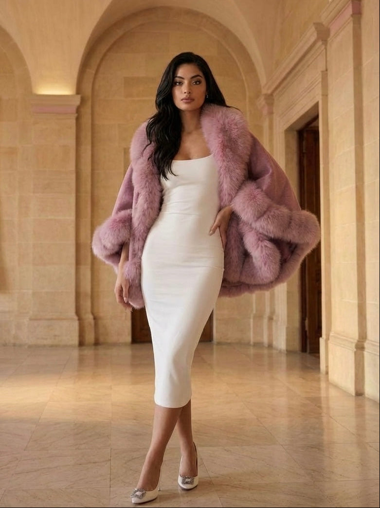 PINK Cashmere Capelet With Fox Trim