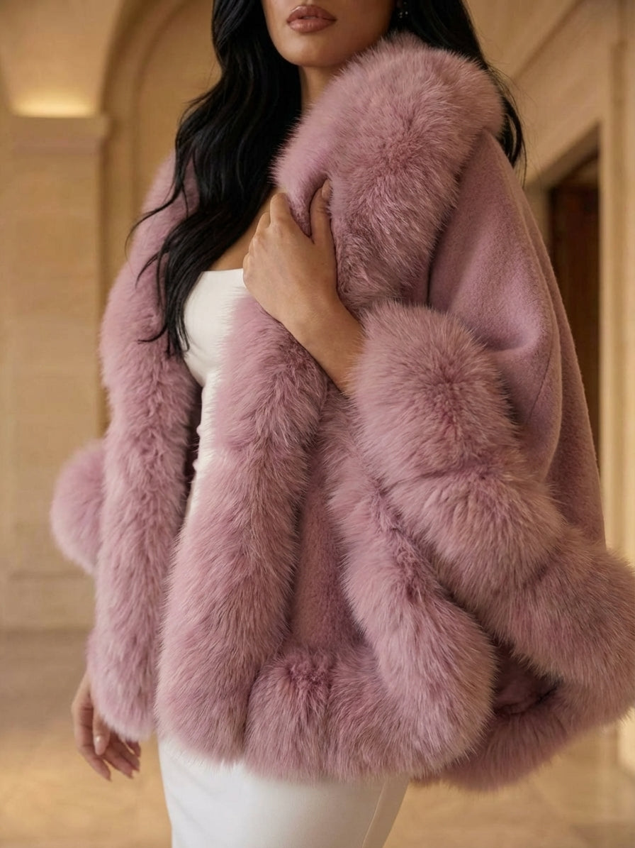 PINK Cashmere Capelet With Fox Trim