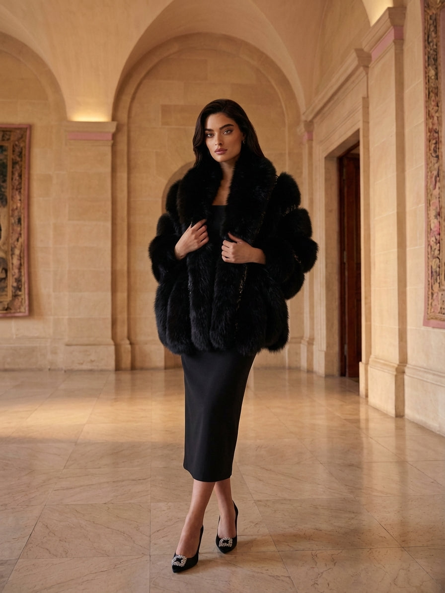 BLACK Lace Capelet With Fox Trim