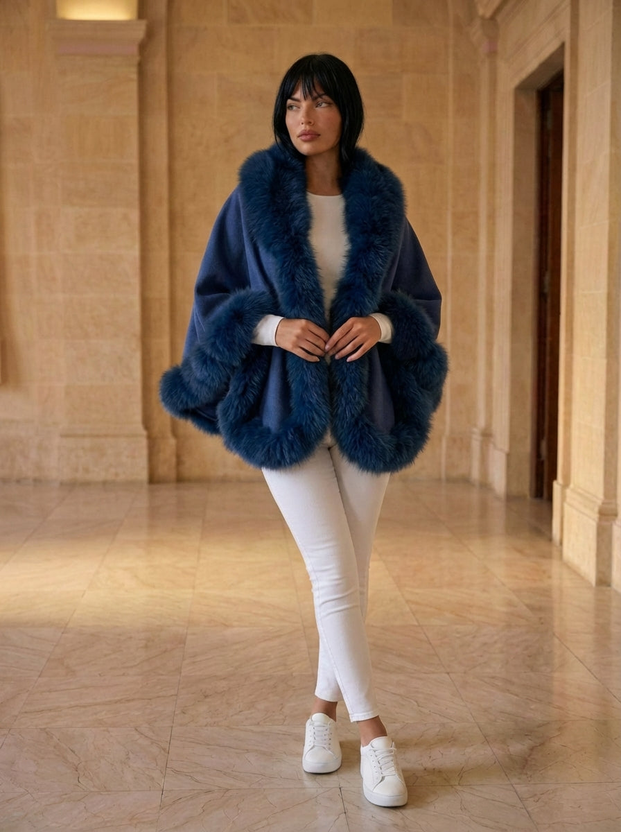 BLUE Cashmere Capelet With Fox Trim
