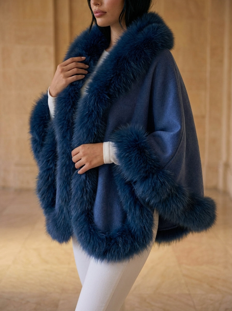 BLUE Cashmere Capelet With Fox Trim