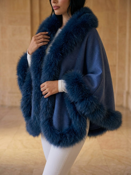 BLUE Cashmere Capelet With Fox Trim