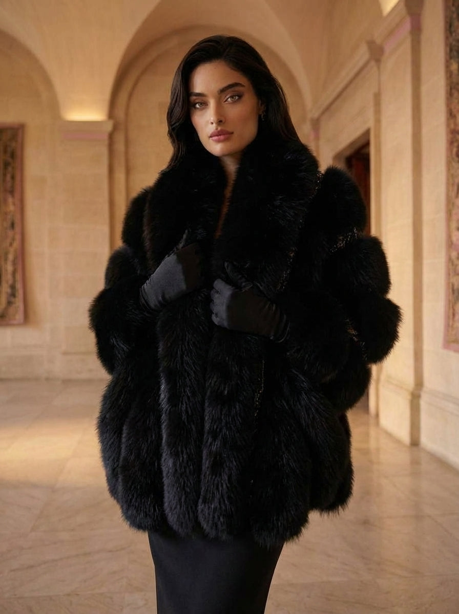 BLACK Lace Capelet With Fox Trim