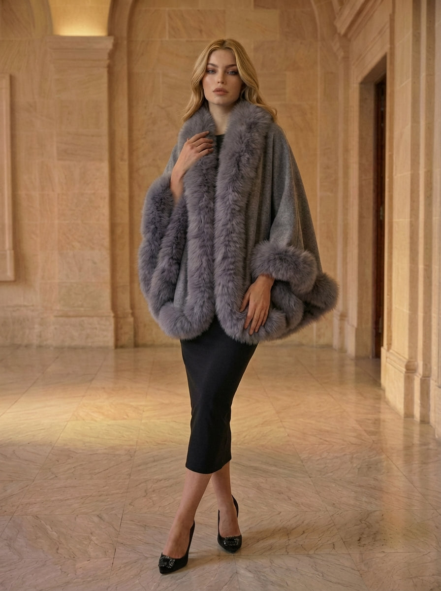GREY Cashmere Capelet With Fox Trim