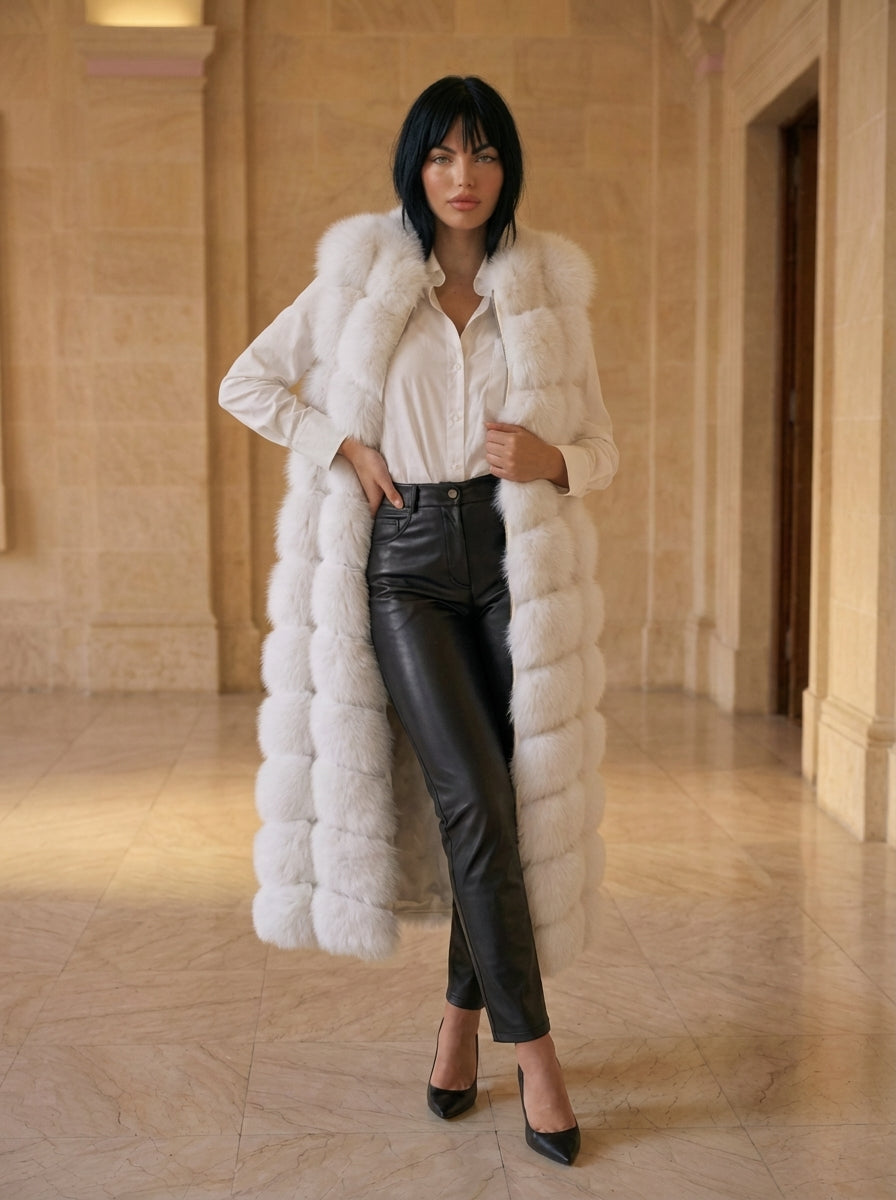WHITE Long Vest Fox Fur