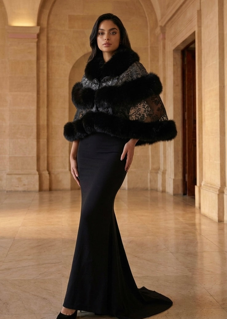 BLACK Lace Capelet With Fox Trim