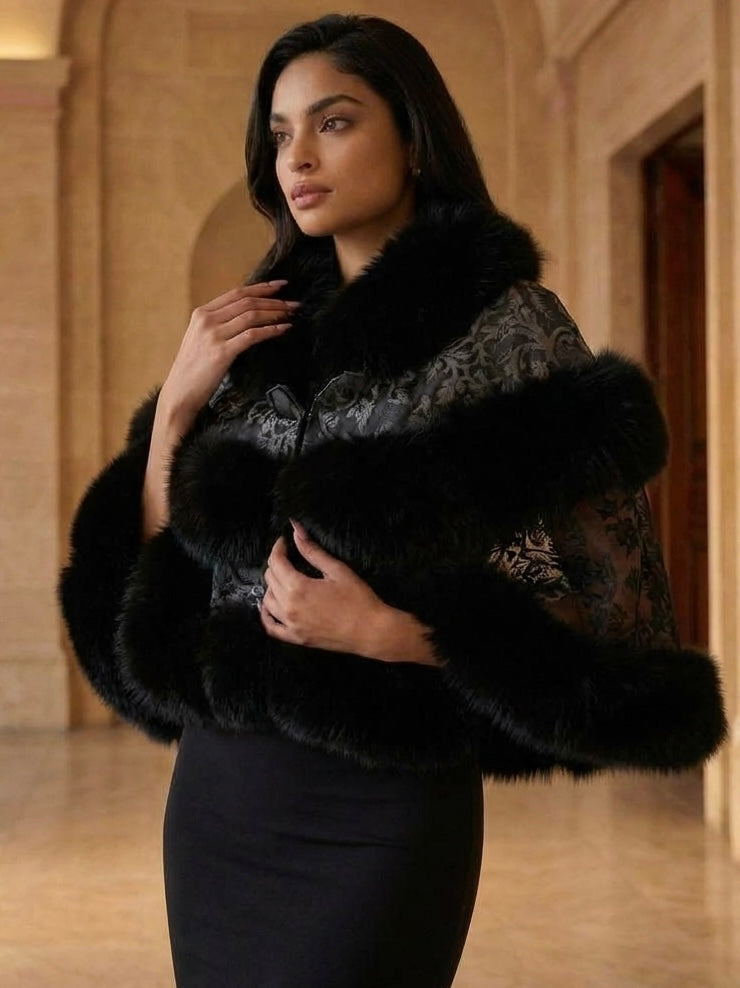 BLACK Lace Capelet With Fox Trim