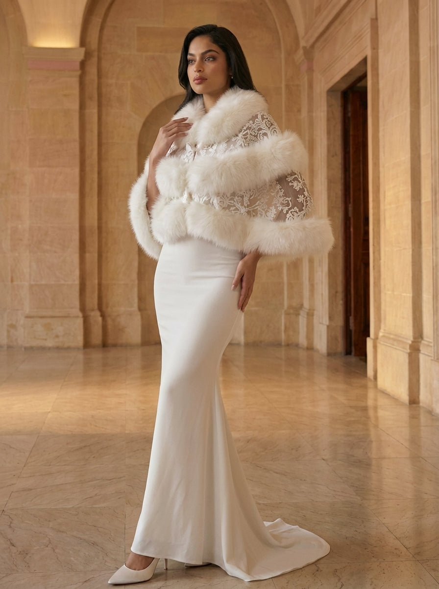 WHITE Lace Capelet With Fox Trim